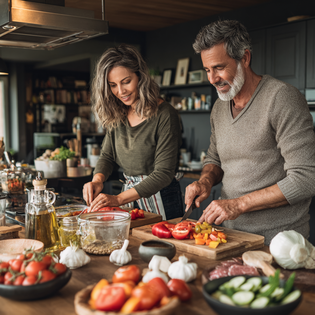 Middle-aged adults preparing balanced meals in modern kitchen